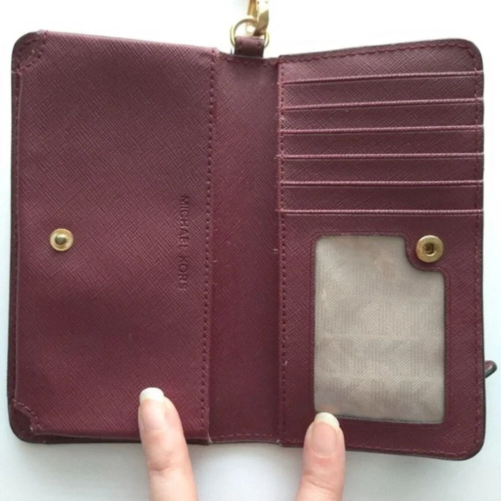 Michael Kors Maroon Red Saffiano Leather Bifold Snap Wristlet Wallet‎ - Picture 3 of 6